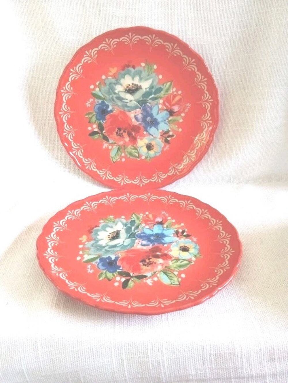 The Pioneer Woman 8.5" Dessert Salad Plate Melody Floral Print Flowers Red 2 Set